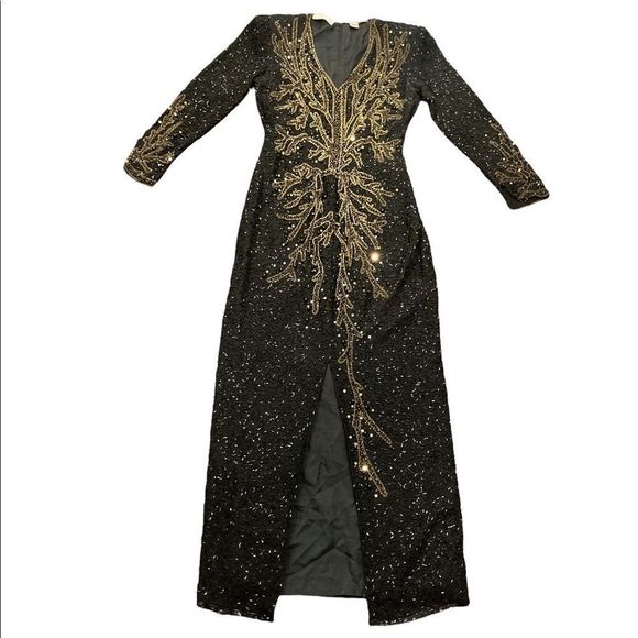 Vintage Swee Lo black and gold sparkling shimmery  sequin evening gown w/ split - Picture 13 of 13